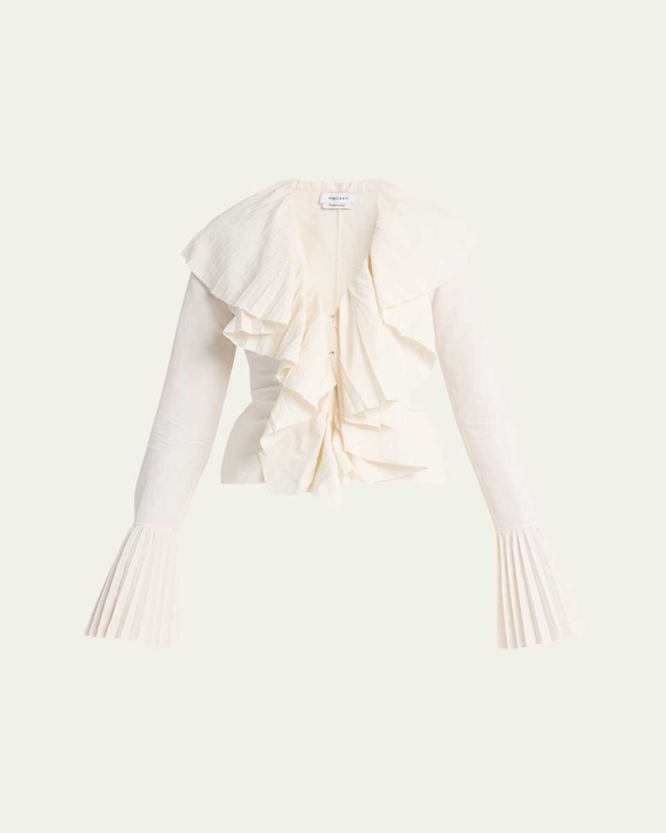 Long-Sleeve V-Neck Pleated Ruffle Blouse